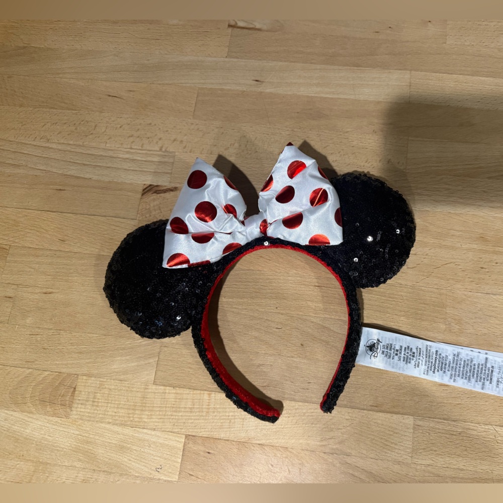 Disney Parks Black Sequin Minnie Ears Headband with Red Polka Dot Bow